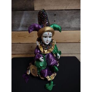 VTG Grand Casino Jester Doll on Pillow Mardi Gras Colors 12" Tall